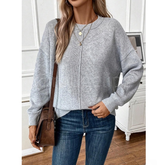 Gray Knit Pullover Loose Fit Sweater Long Sleeve Drop Shoulder - Picture 4 of 7